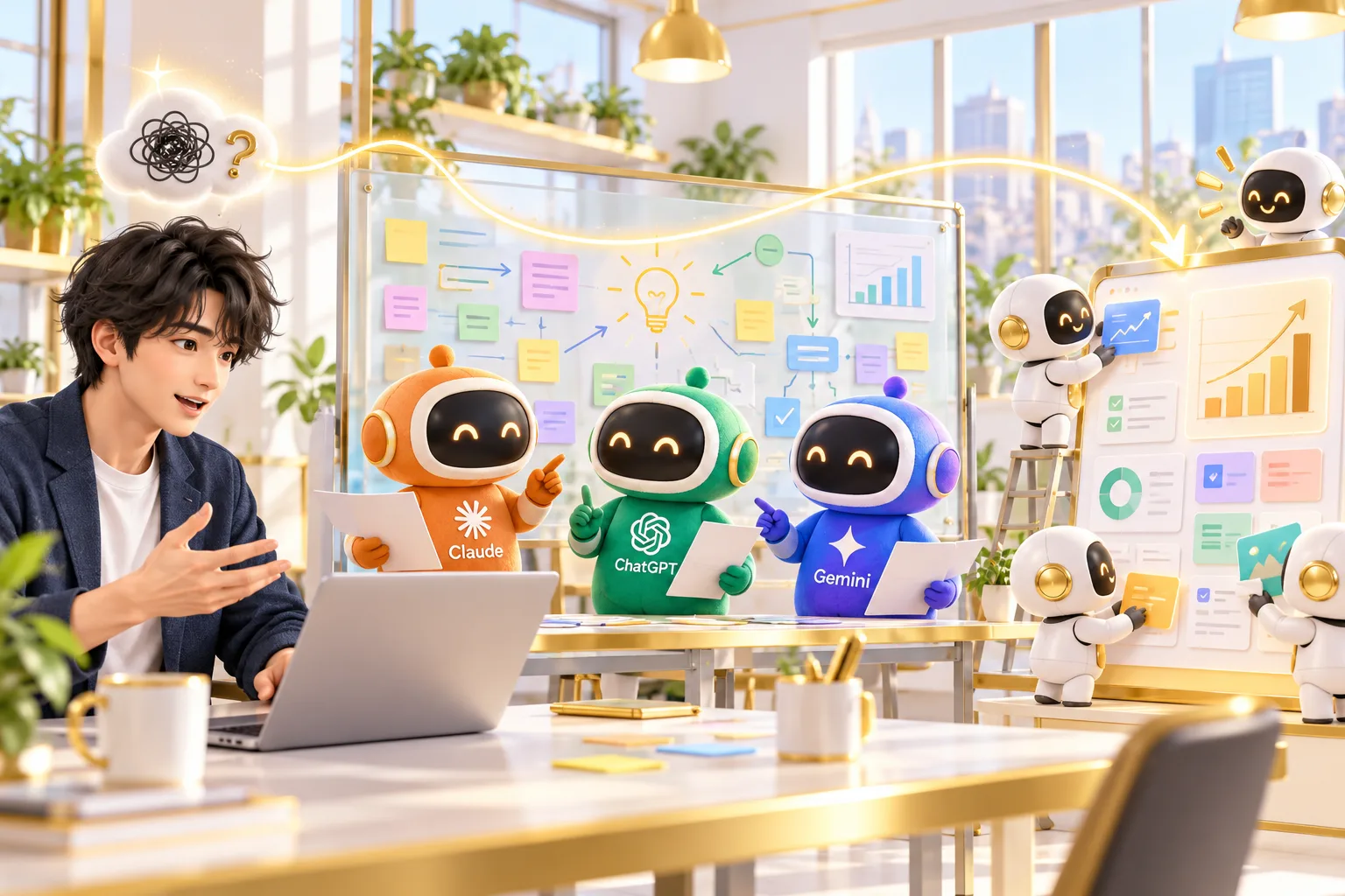 利用者がオンライン会議で仕事の悩みを話し、Claude・ChatGPT・GeminiのAIがホワイトボードで整理し、小さなAIたちが業務アプリを組み立てているイメージ