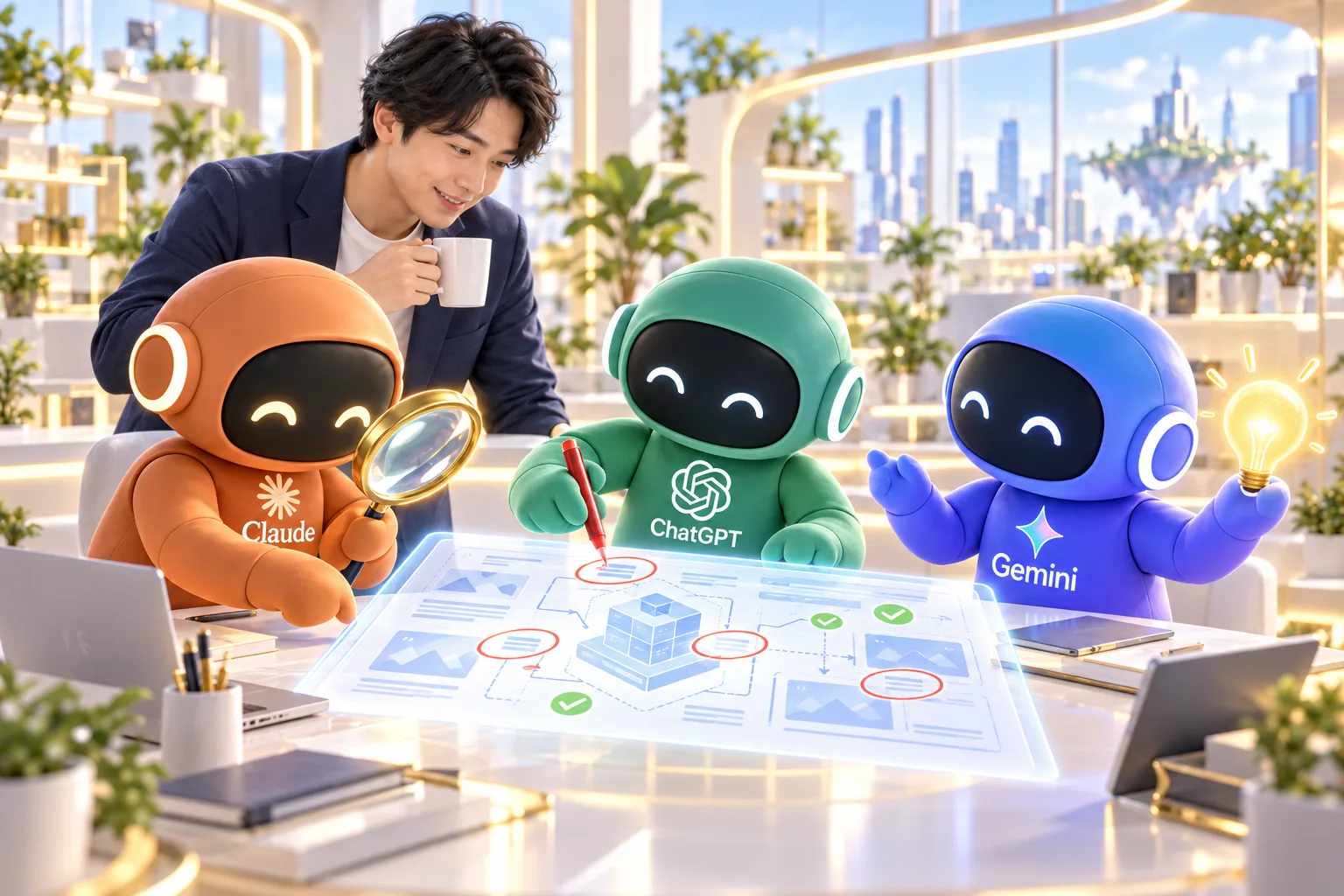 複数のAIで、案を突き合わせるのイメージ