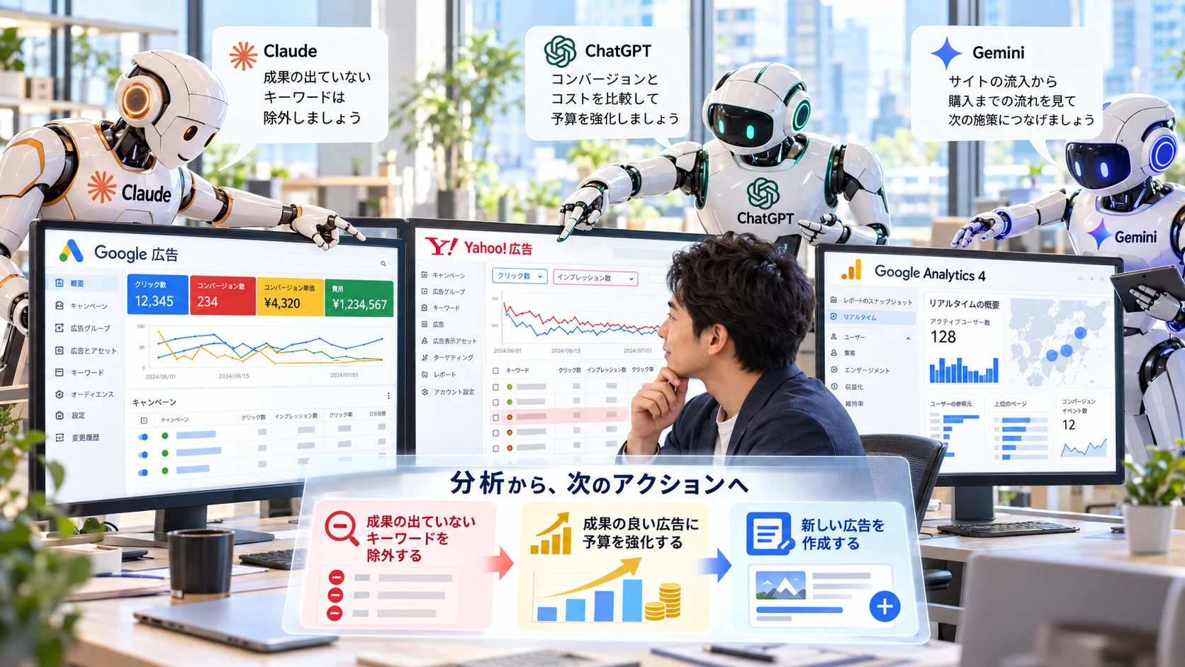 Google広告・Yahoo!広告・GA4の実画面に近い3つの管理画面を見ながら、名前とロゴが入ったClaude・ChatGPT・Geminiが広告データを分析し、次の戦略を話し合っているイメージ
