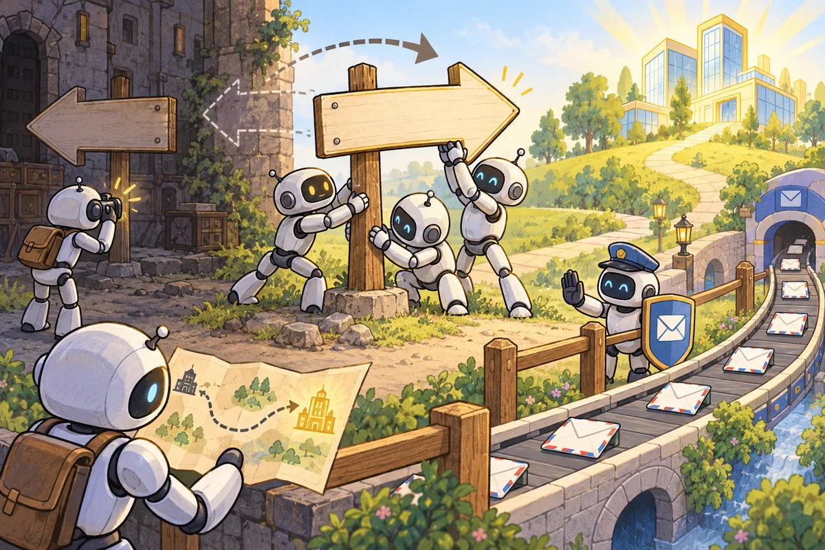 AIロボットたちが道しるべを古い建物から新しい建物の向きへ慎重に回しているイラスト