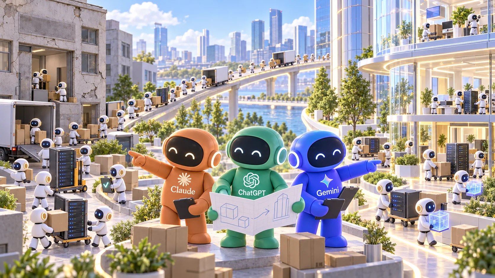 古い雑居ビルから丸の内の高層オフィスビルへ、Claude・ChatGPT・Gemini の3人が図面を手に打ち合わせながら指示を出し、数十体の小さなAIが荷物やサーバを運んで引っ越すイメージ