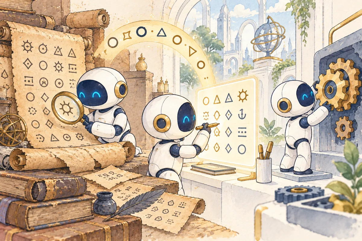 古いプログラムをAIロボットが読み解き、新しい書き方に書き直しているイラスト