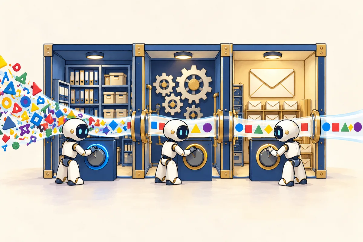 崩れた文字の帯を、AIロボットがデータベース・プログラム・メールの設定を合わせて整えているイラスト