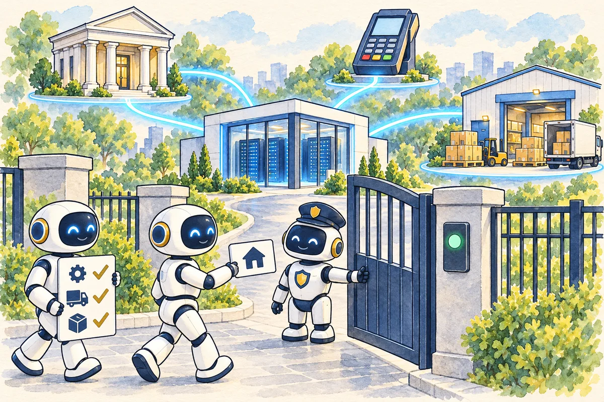 新しいサーバから銀行・決済・配送へ道がのび、AIロボットが新しい住所を見せて門を開けてもらっているイラスト