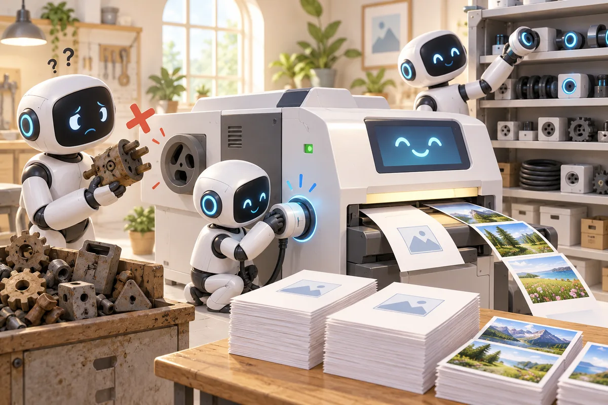 合わない古い部品をAIロボットが新しい部品に付け替え、機械から書類と写真が出てくるイラスト