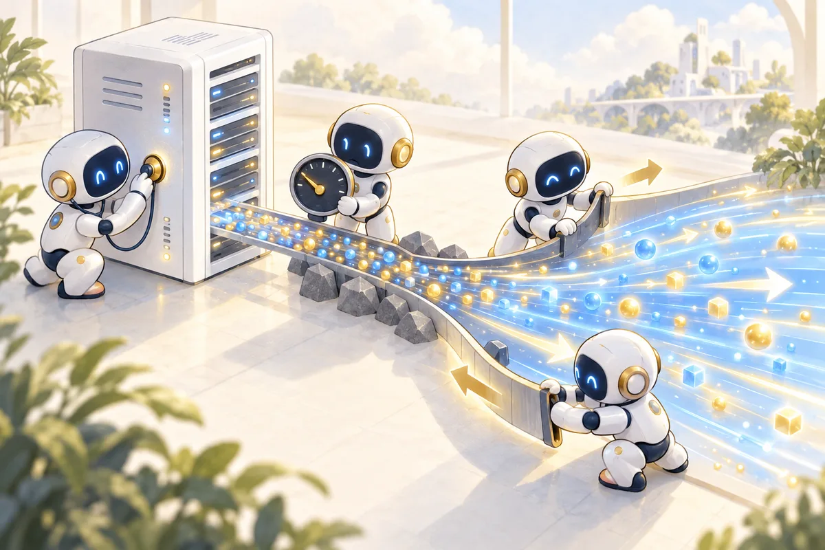 AIロボットがサーバに速度計を当てて測り、渋滞していた道を広げているイラスト