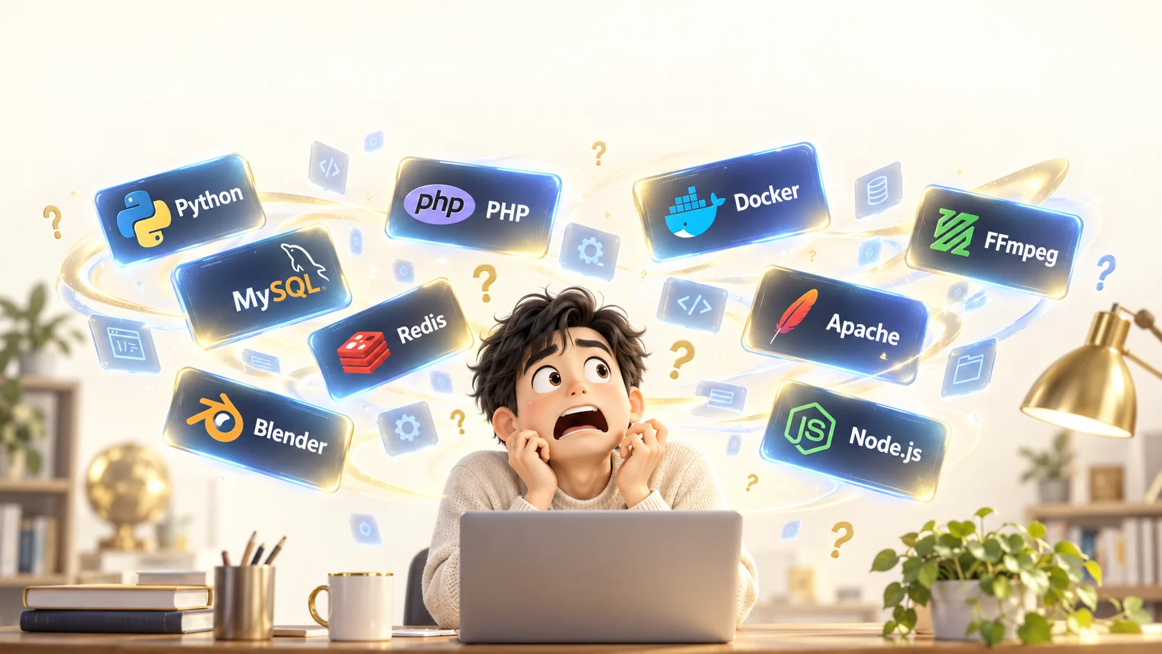 A user puzzled and frightened by the many unfamiliar software names floating overhead