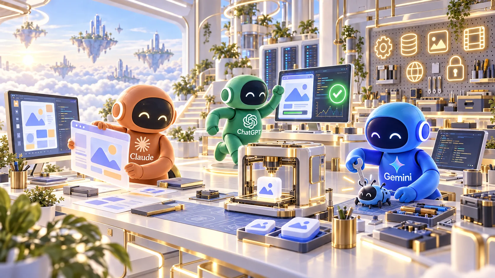 An image of AI from Claude, ChatGPT, and Gemini building, testing, and refining a website in a well-equipped workshop