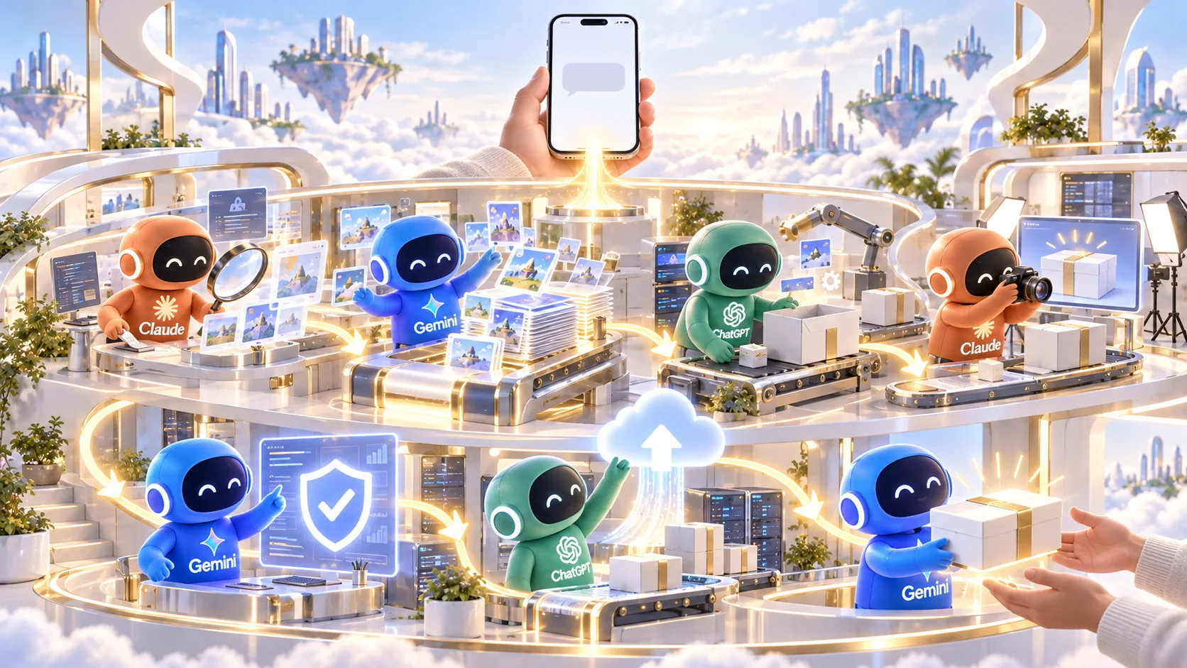 An image of AI agents relaying research, image creation, packaging, shooting verification, testing, and uploading, all behind a single line sent from a smartphone