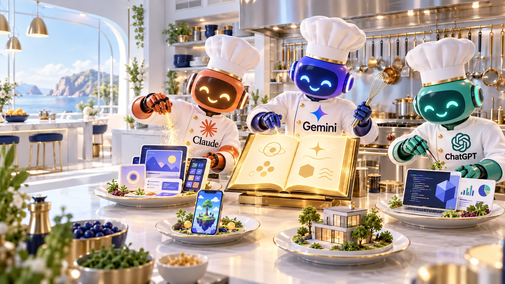 An image of Claude, Gemini, and ChatGPT finishing apps and sites like dishes in a fully equipped kitchen