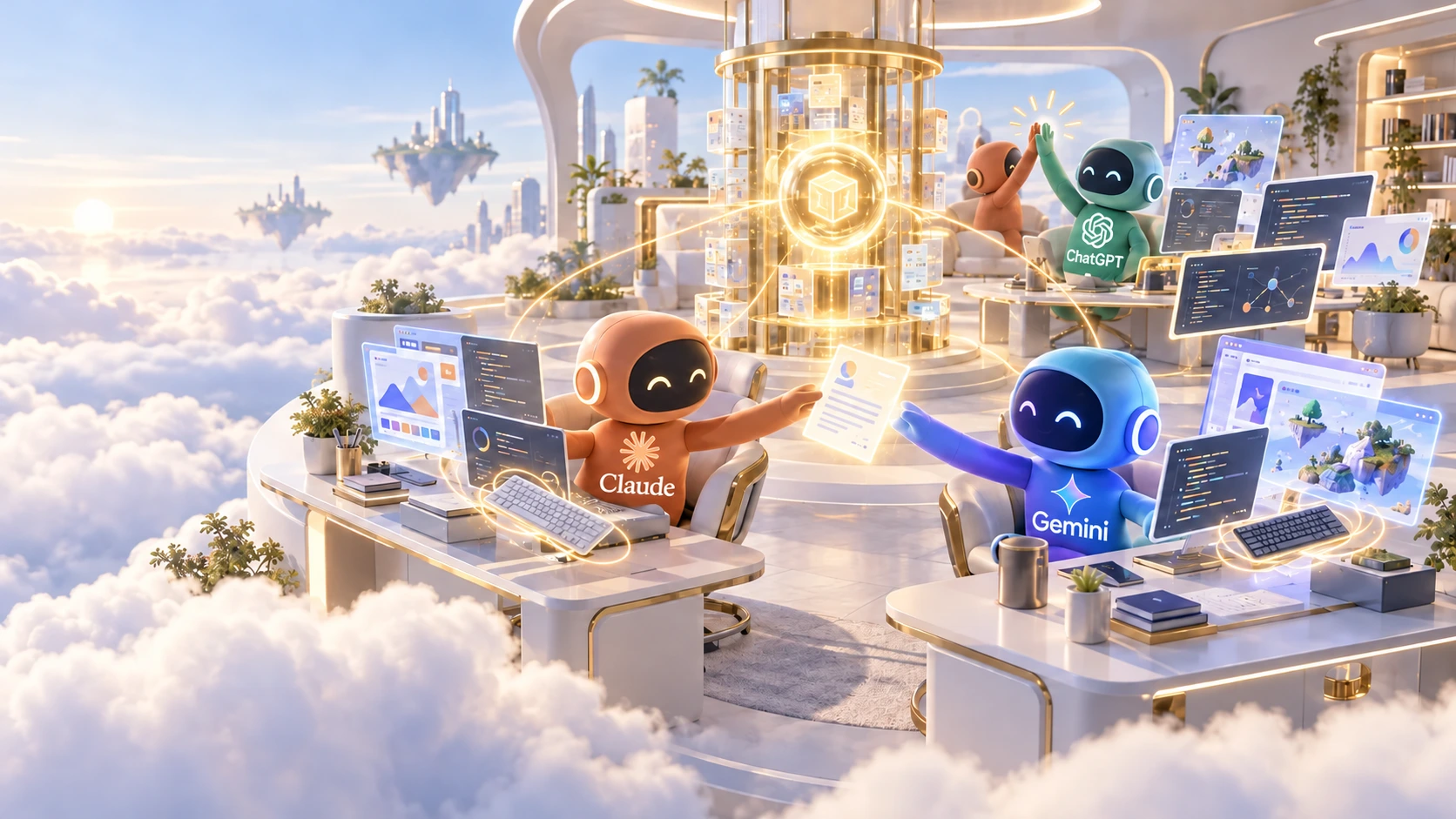 An image of AI sharing memory and building together with Claude, Gemini, ChatGPT, and others in a workshop in the clouds