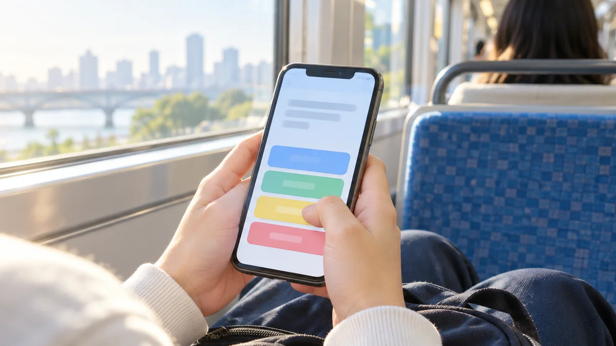 An image of using a smartphone study quiz on the commute to school