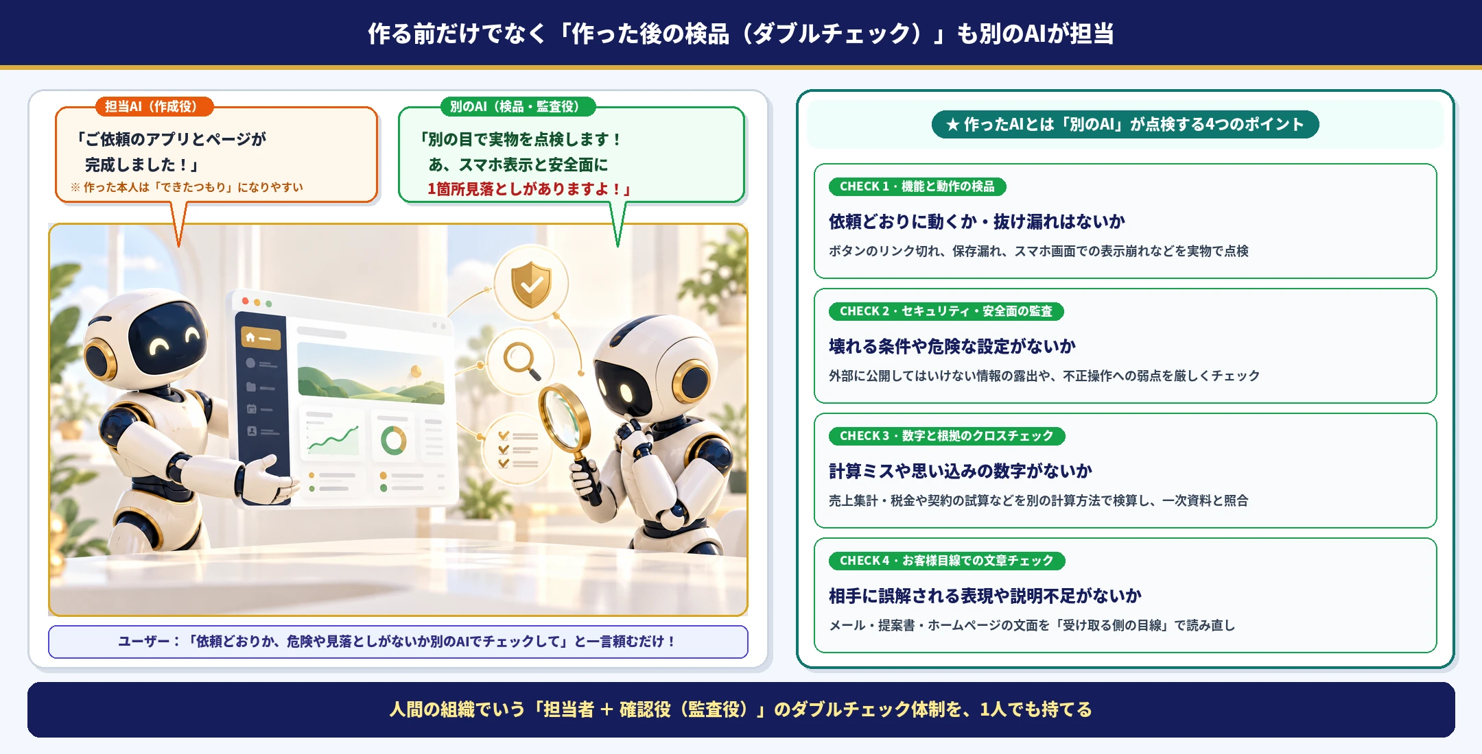 作る前だけでなく、作った後の検品（ダブルチェック）も別のAIが担当する図解