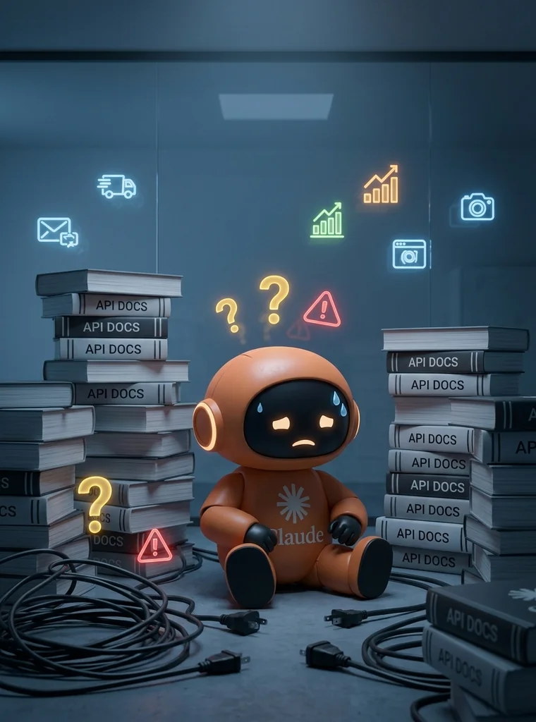 An image of one AI robot trapped inside a screen frame, facing a towering pile of complex API specifications and unconnected cables.