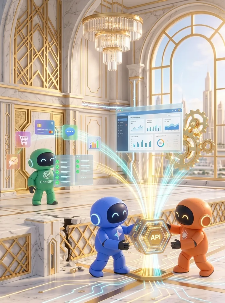 An image of multiple AI robots in a bright server hall connecting external services with light connectors and operating admin screens and automated processing gears.