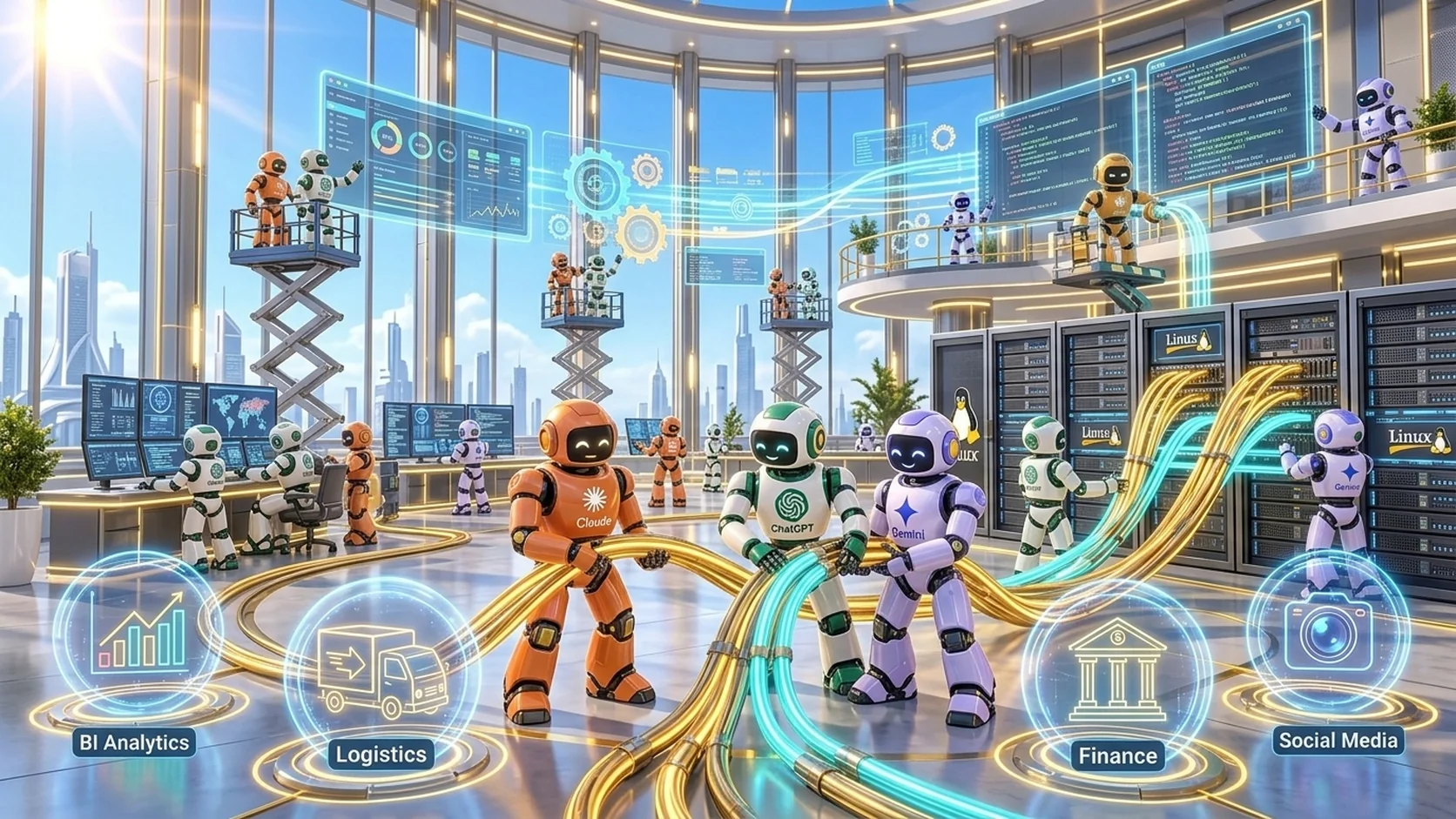 An image of multiple AI robots cooperating in your own Linux server space, connected to external services such as advertising, social media, delivery, banking, and cloud by optical cables, running business systems