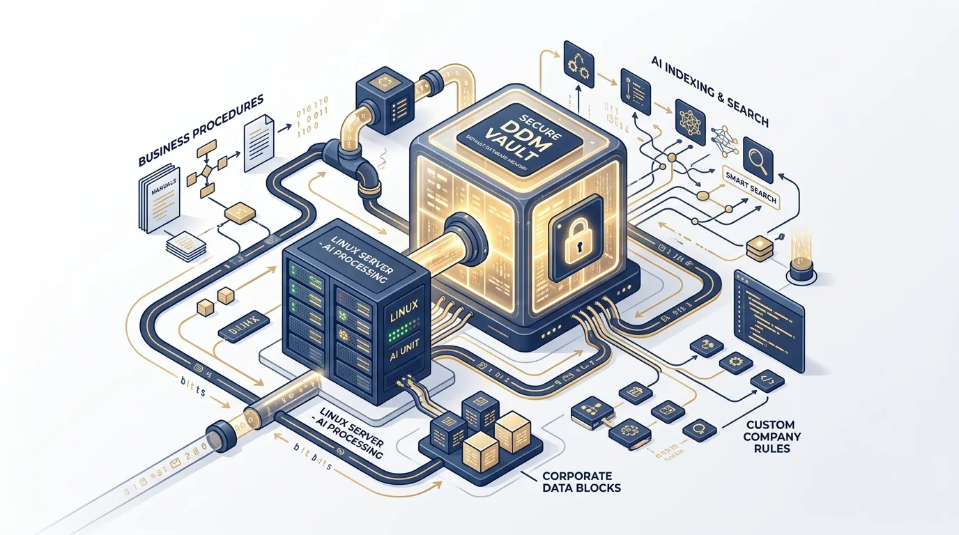 Schematische Darstellung der Vernetzung des gemeinsamen Gedächtnisses und der vorinstallierten Wissensdatenbank (DDM) mit mehreren KIs auf dem BASECORD-Server
