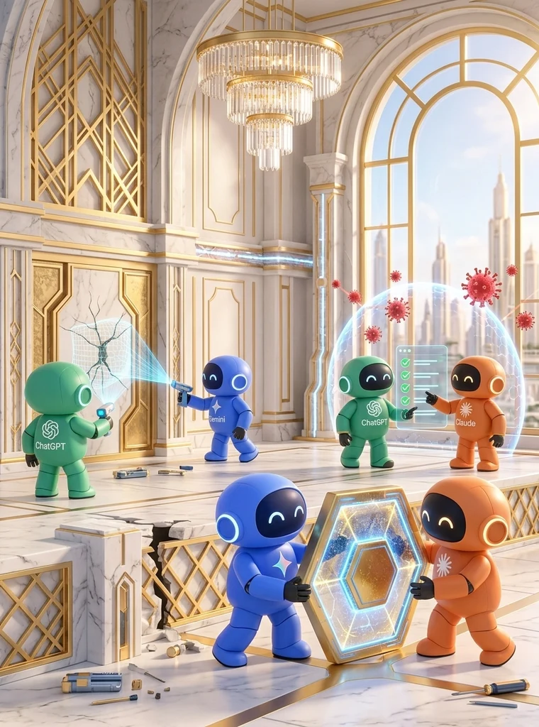 Claude-, ChatGPT- und Gemini-Roboter prüfen die Wand aus mehreren Richtungen und schließen Spalten mit Schutzplatten, um die Abwehr zu verstärken.