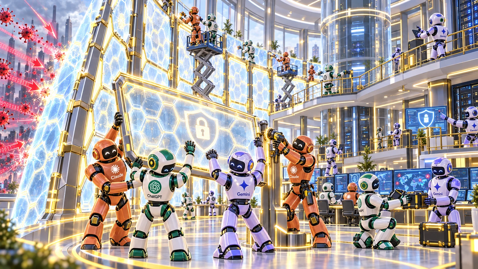 Viele KI-Roboter arbeiten im Inneren eines Gebäudes zusammen und bringen eine große Schutzwand an, um sich auf Angriffe von außen vorzubereiten
