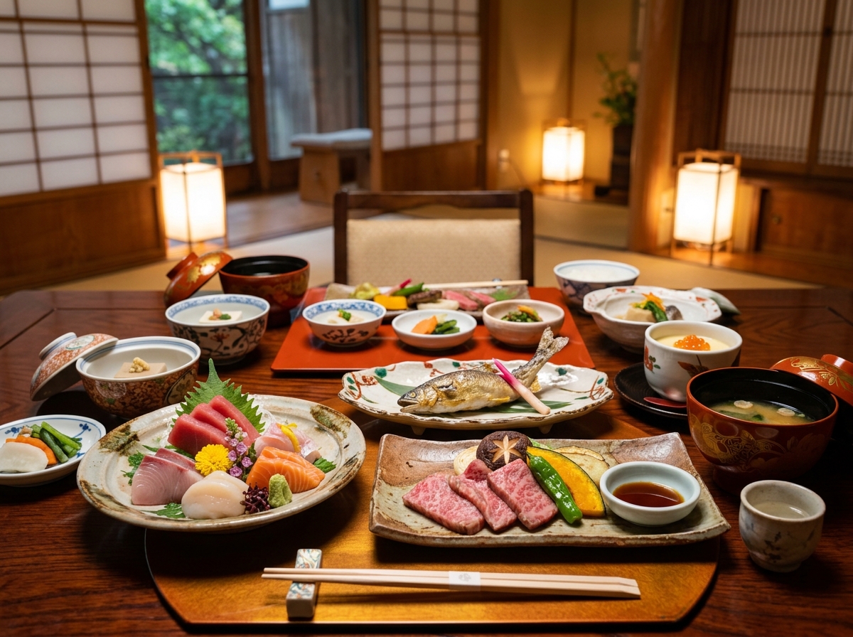 丁寧に盛り付けられた高級日本料理会席