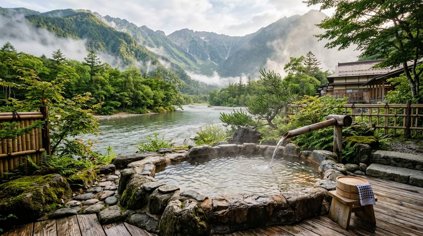 碧山閣の川辺にたたずむ源泉かけ流し露天風呂と周囲の青々とした山々