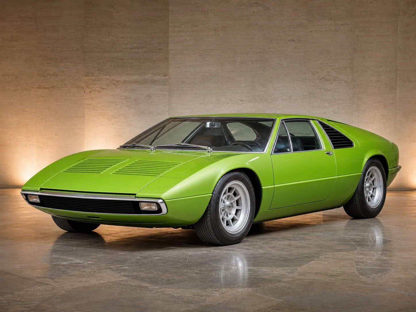 Lamborghini Miura P400の雰囲気に合わせたグリーンのクラシックスーパーカー