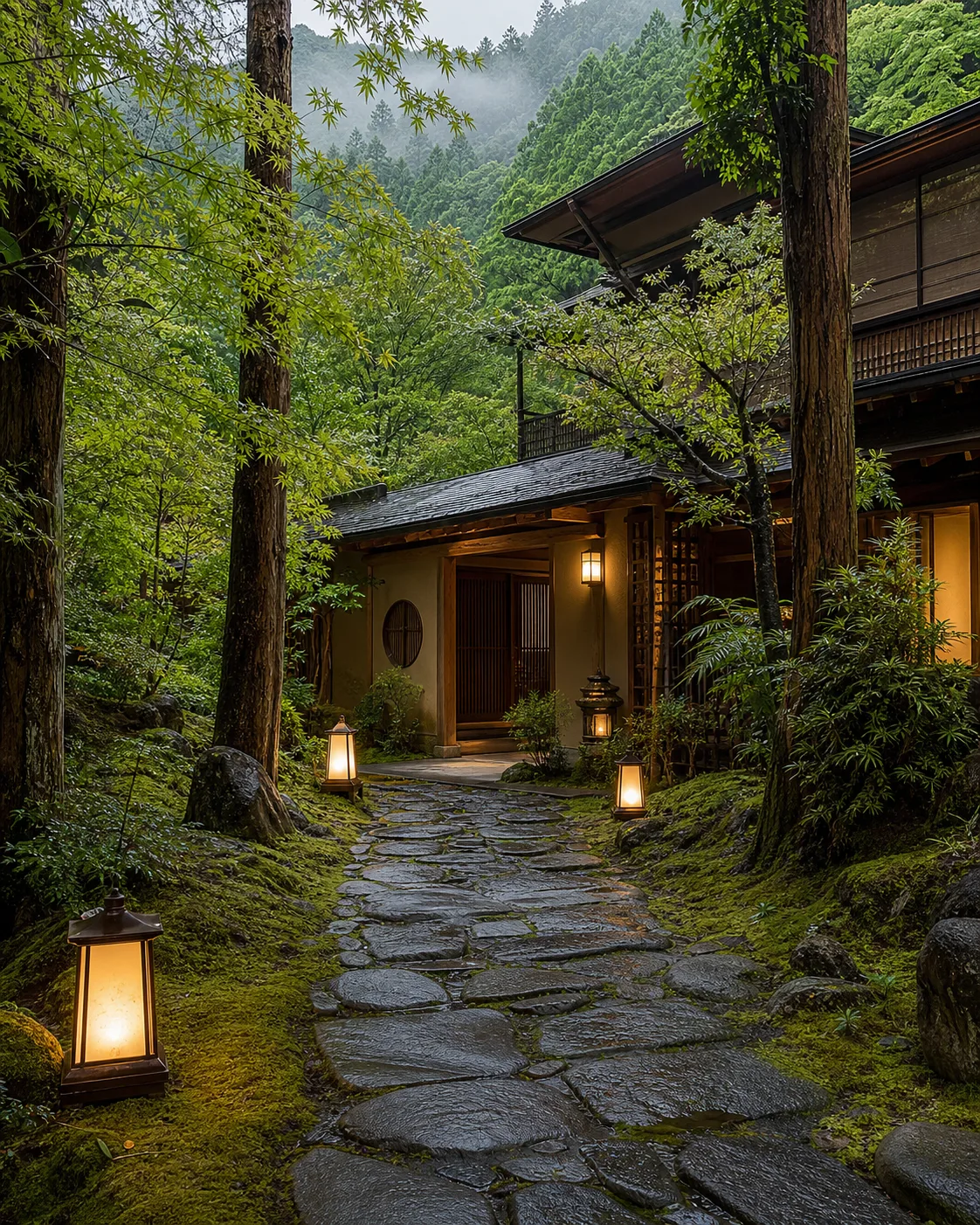 苔と木立に囲まれた翠風荘の玄関へ続く石畳の小径