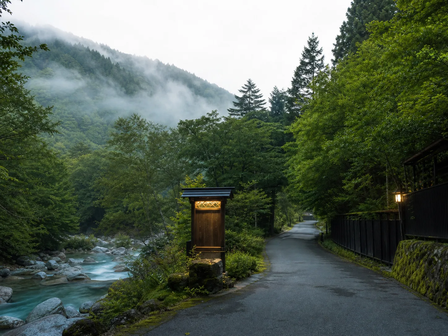 渓流沿いの山道から翠風荘へ向かう森の景色