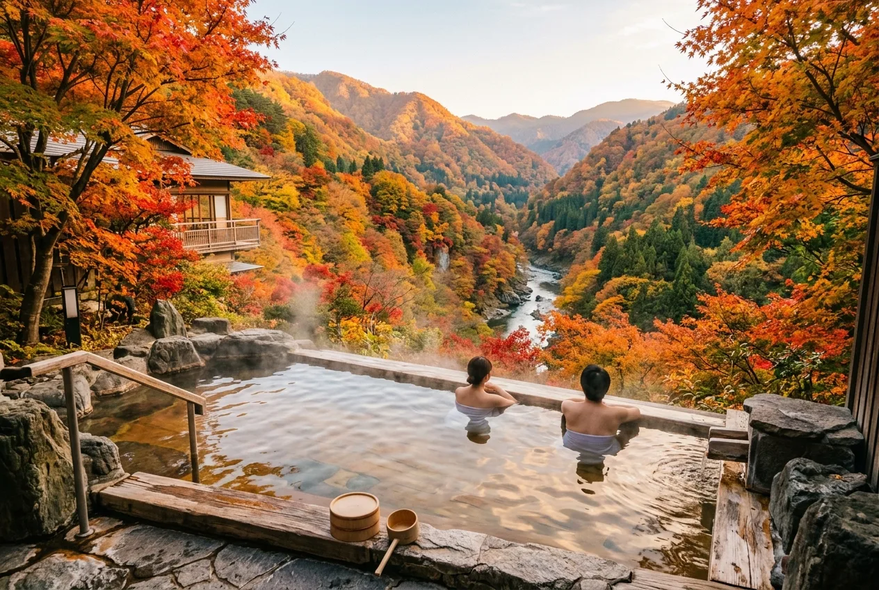 錦繍の紅葉が染め上げる渓谷と露天風呂からの絶景