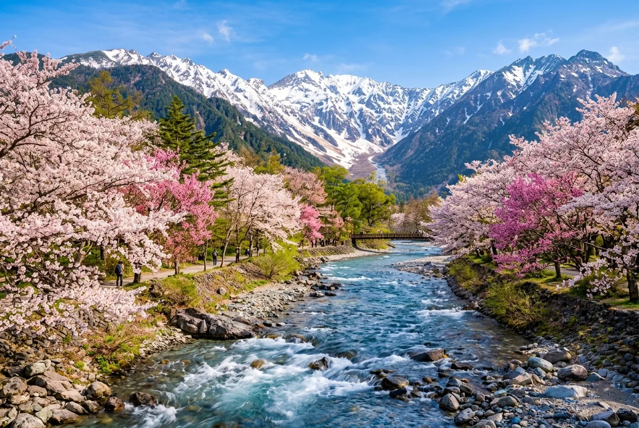 残雪の北アルプスを背に、渓谷沿いに咲き誇る桜と山桃
