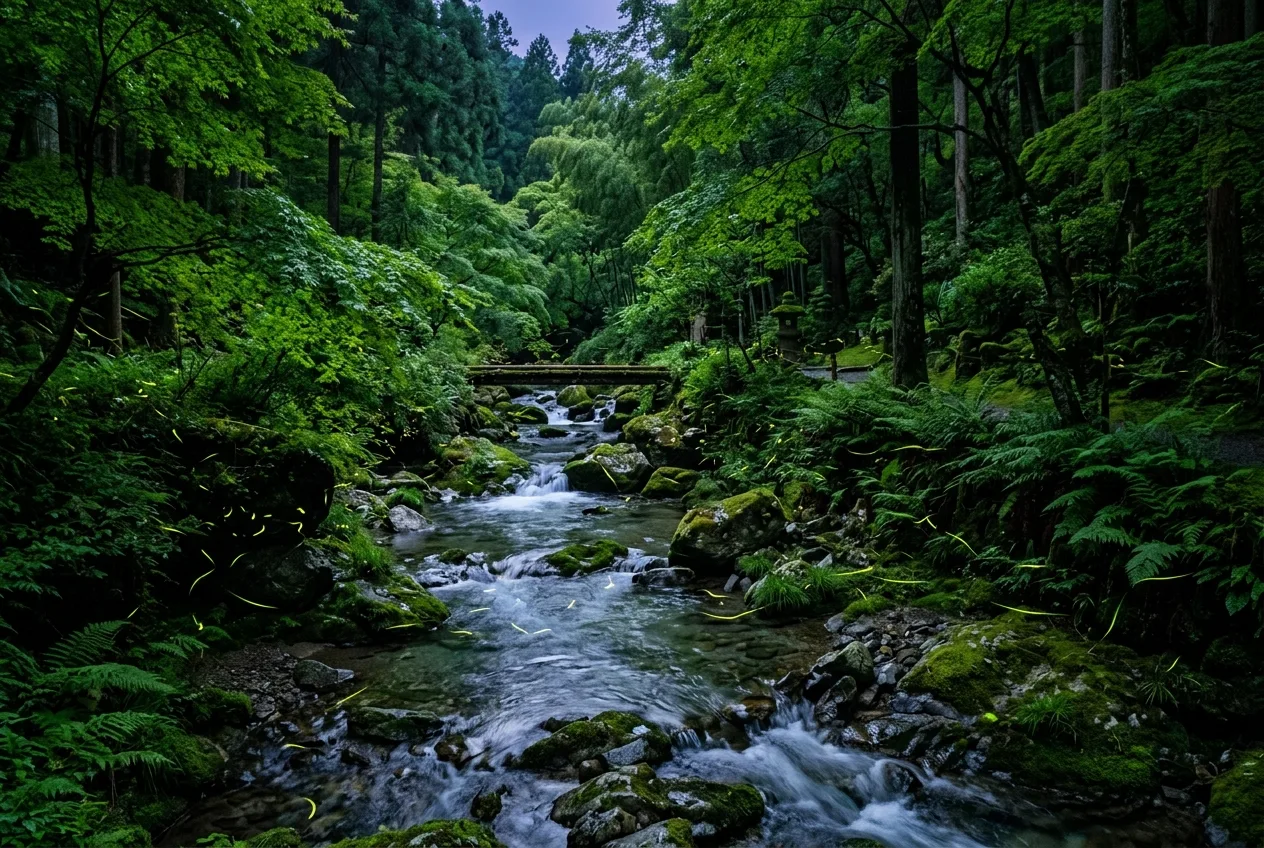 深い緑に包まれた渓流と蛍の舞