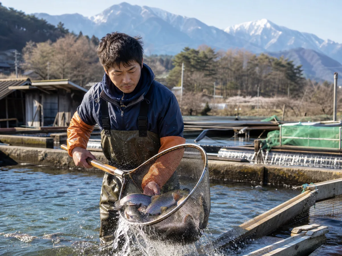 山梨の養魚場でニジマスをすくう漁協職員